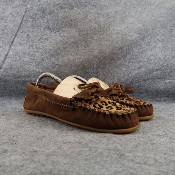 Minnetonka Shoes Womens 10 Moccasin Loafer Slip On Tassel Fringe Leather Leopard - Picture 1 of 14